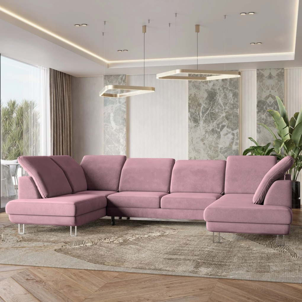 Masseno Narożnik TERAMO z funkcją spania i pojemnikiem na pościel Narozniki U, Rozkładana sofa - Wrzosowy, MONOLITH 62