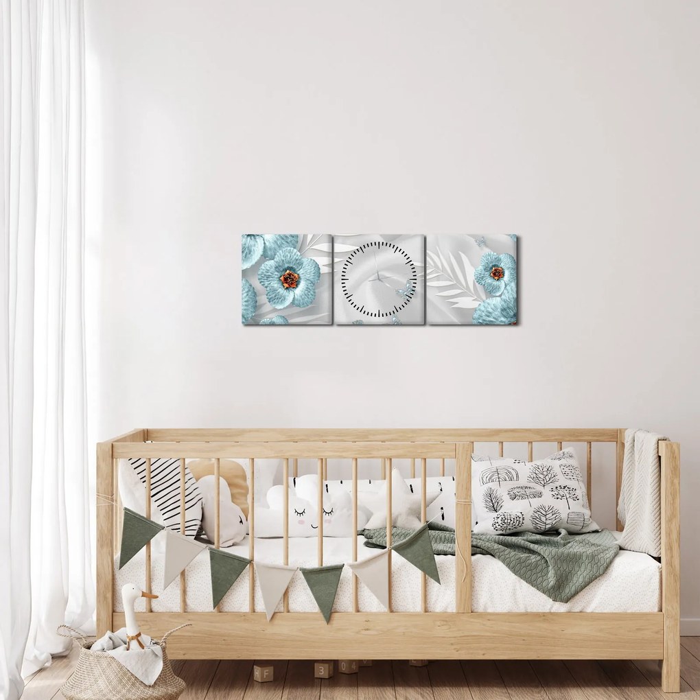 Obraz - 3D niebieskie kwiaty (z zegarem) (90x30 cm)