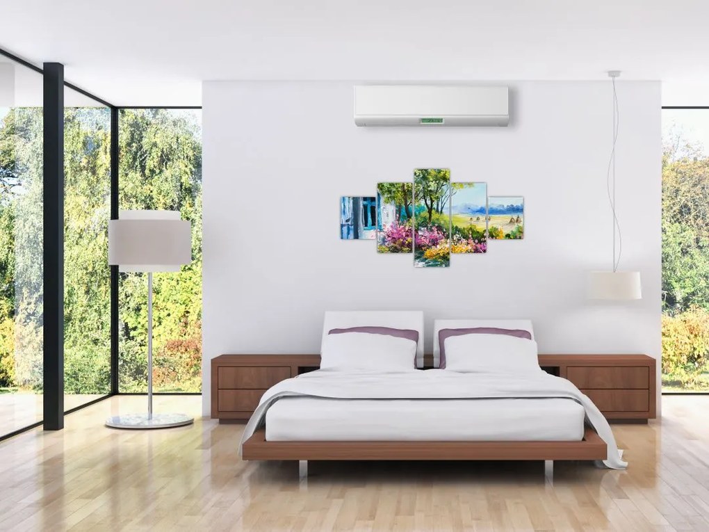 Obraz ogrodu przed domem, obraz olejny (125x70 cm)