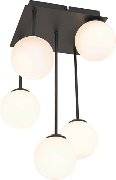 Nowoczesna lampa sufitowa czarna z opalowym szkłem 5-świateł - Athens