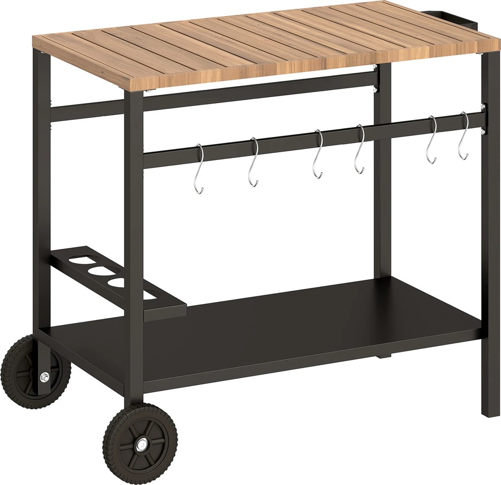 Outsunny Wózek kuchenny na kółkach, stolik serwisowy z haczykami, uchwyt na napoje, metalowy, 97 x 51 x 83 cm Czarny+Brązowy | Aosom PL