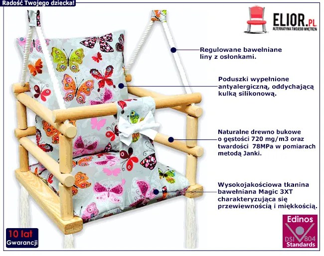 Szara huśtawka kubełkowa dla dzieci w motylki E0-G78