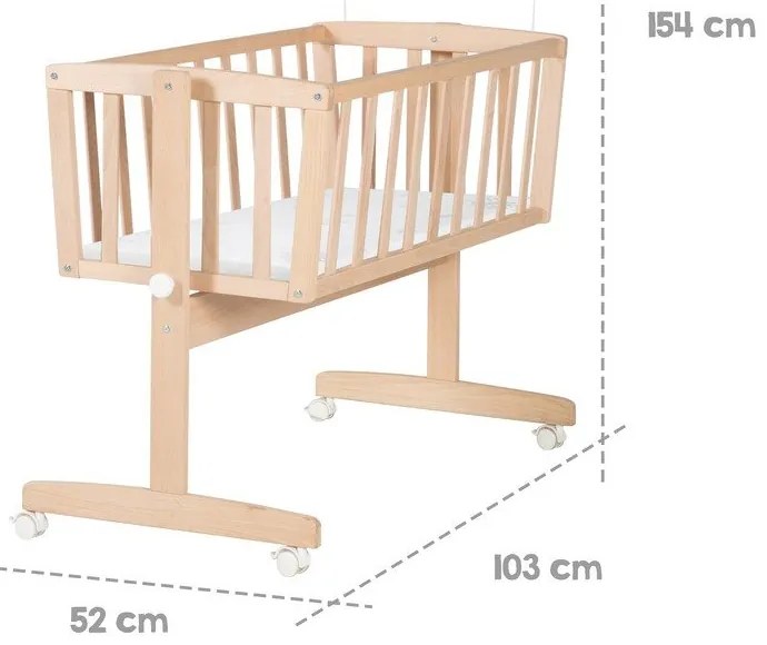 Kołyska z litego drewna bukowego na kółkach/z baldachimem 40x90 cm w naturalnym kolorze – Roba