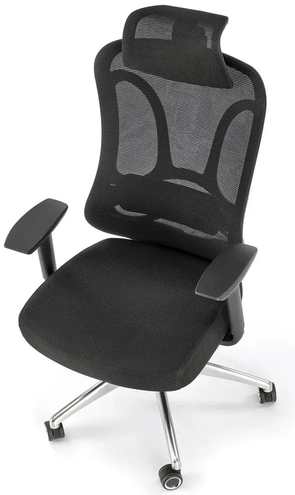 Obrotowy ergonomiczny czarny fotel z regulowanym zagłówkiem - Herva