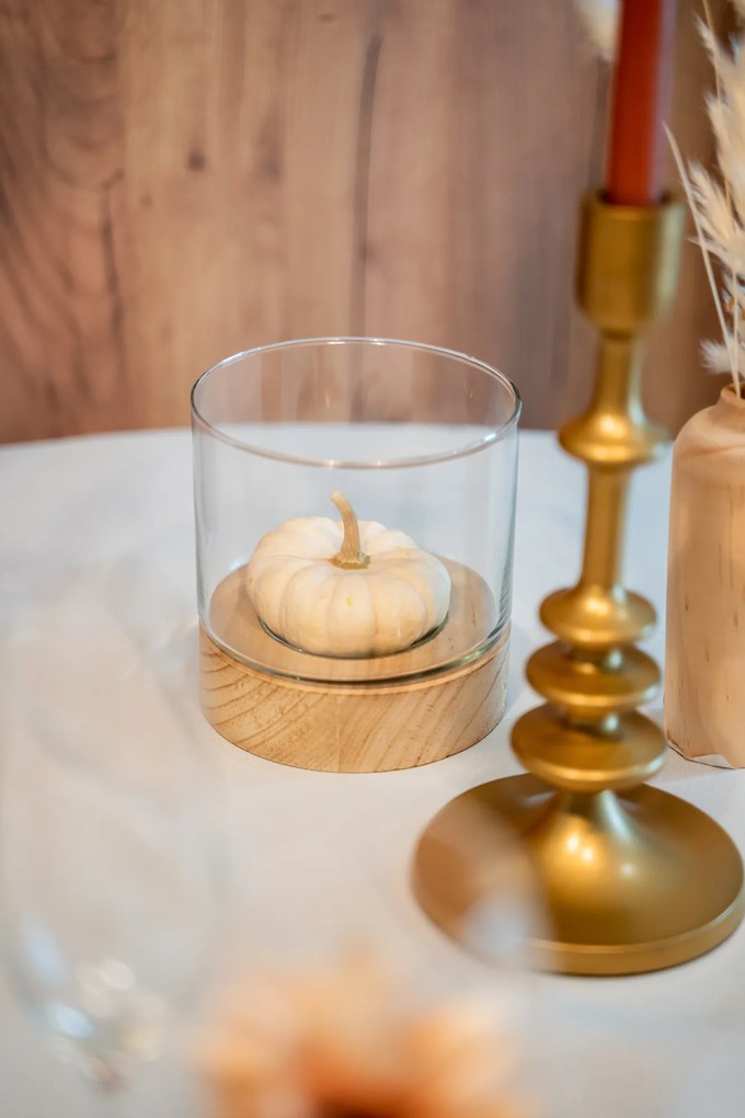 Komplet świeczników ze szkła Ete z drewnianymi podstawkami, 3 sztuki