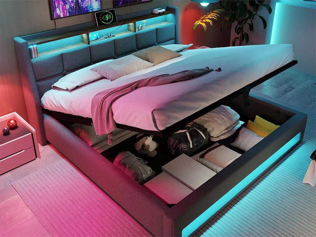 Łóżko z lnu 140x200cm z LED i portami USB - stelaż na listwach - szare