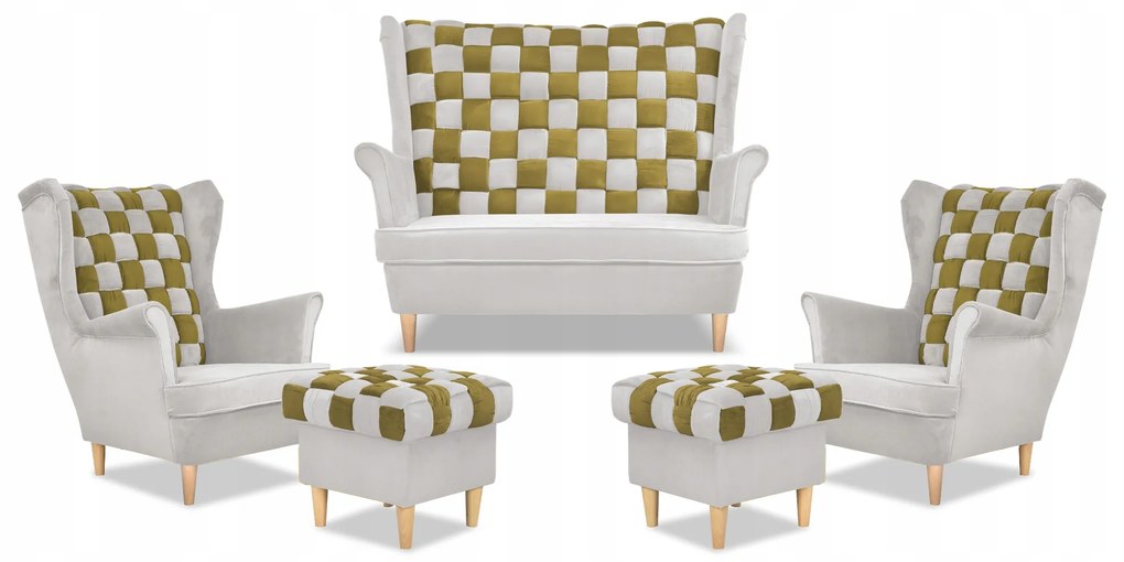 Zestaw uszak CAROL DUO sofa fotele pufy Family Meble biało - złoty