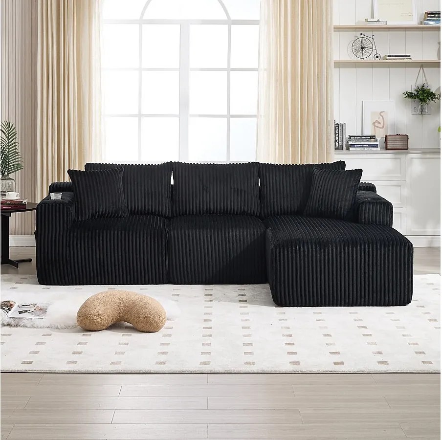 Sofa 3-osobowa, tapicerowana z kieszeniami bocznymi i uchwytami na kubki – czarny sztruks