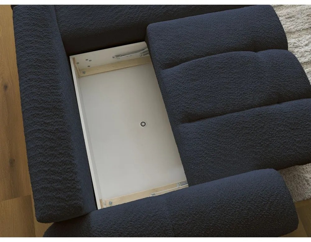 Niebieski rozkładany narożnik z materiału bouclé ze schowkiem (prawostronny/z szezlongiem) Roxelane – Bobochic Paris