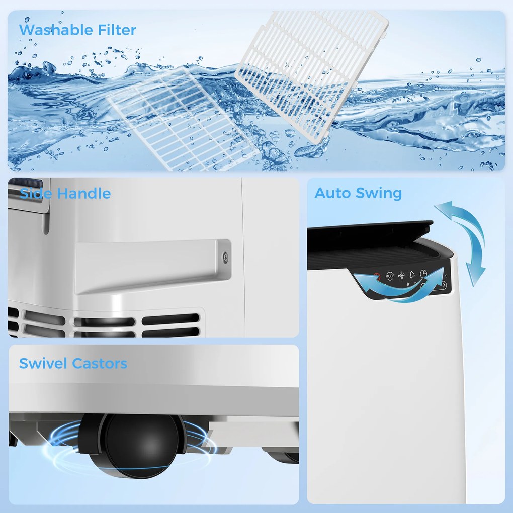 HOMCOM Klimatyzator przenośny 12 000 BTU, funkcje chłodzenia, osuszania, wentylatora, tryb nocny, sterowanie głosowe WiFi | Aosom PL