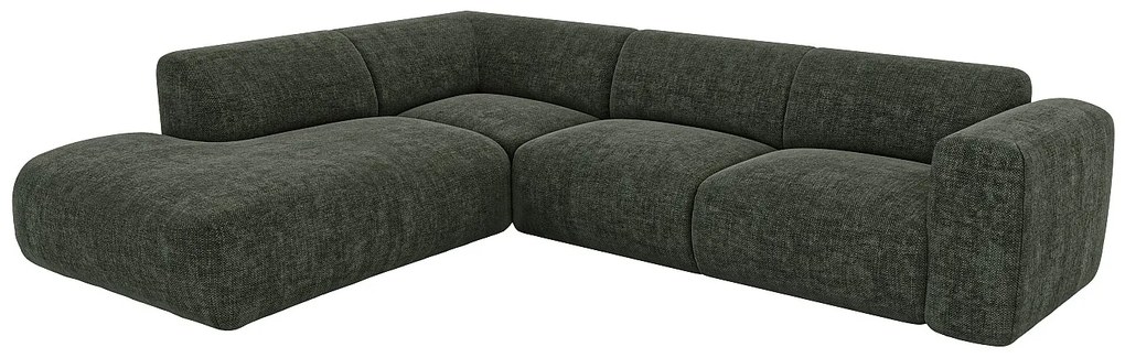 Kanapa duża narożna lewostronna z oparciem szezlongowym w zielonej melanżowej tkaninie POGNI od Maison Céphy