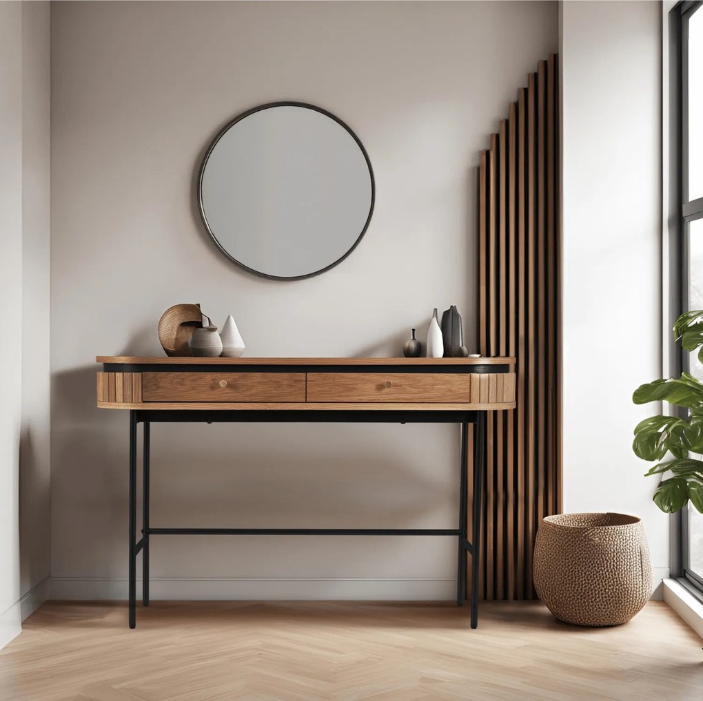 Owalna konsola z szufladami i ryflowanymi wstawkami Beck, dąb