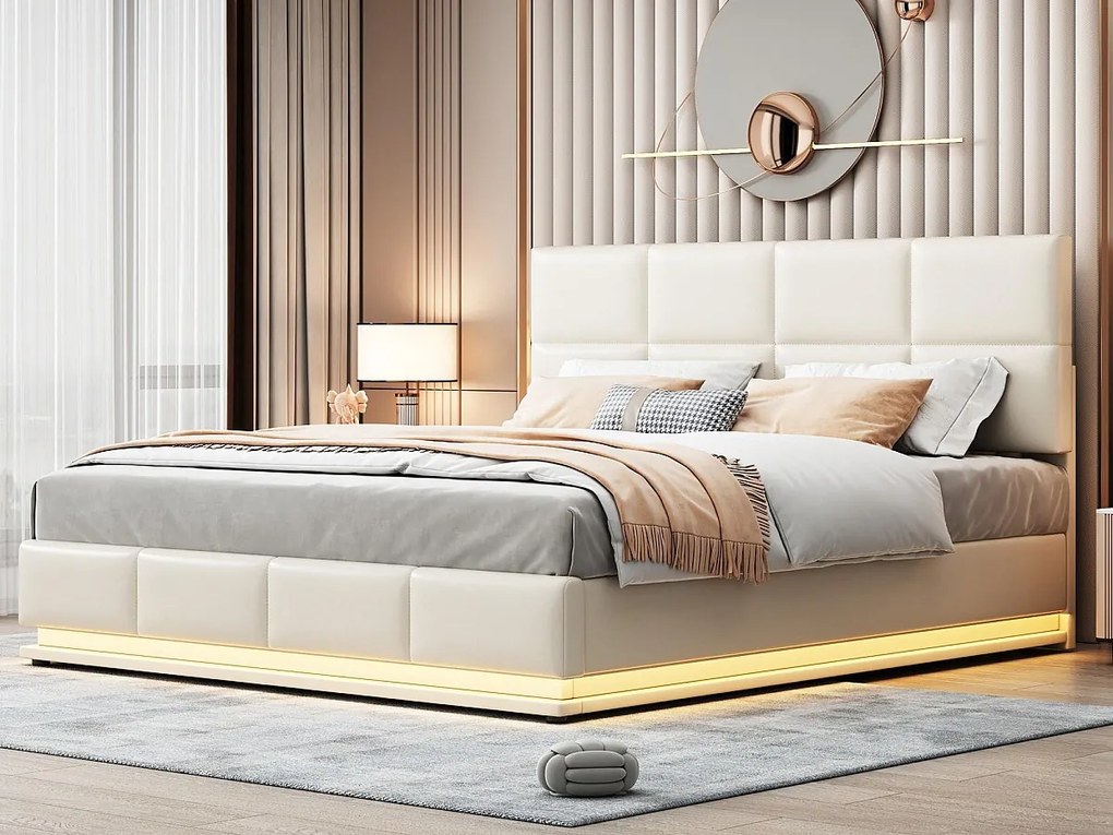 Łóżko z tapicerowanym stelażem 180x200 cm z oświetleniem LED - z ekoskóry - Beżowe