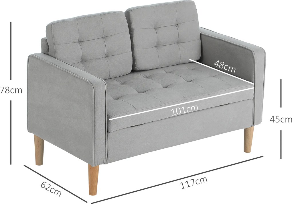 HOMCOM Sofa 2-osobowa z przestrzenią do przechowywania, Pikowana guzikami, Poduszki, Drewno kauczukowe, 117x62x78cm, Jasnoszary