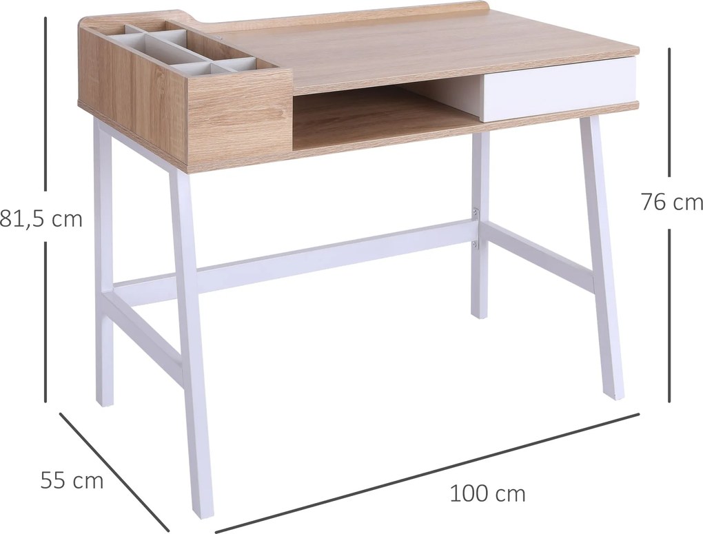 HOMCOM Biurko komputerowe z 6 półkami i szufladą Szeroki blat Naturalny kolor Idealne do nauki i pracy 100x55x815cm | Aosom PL