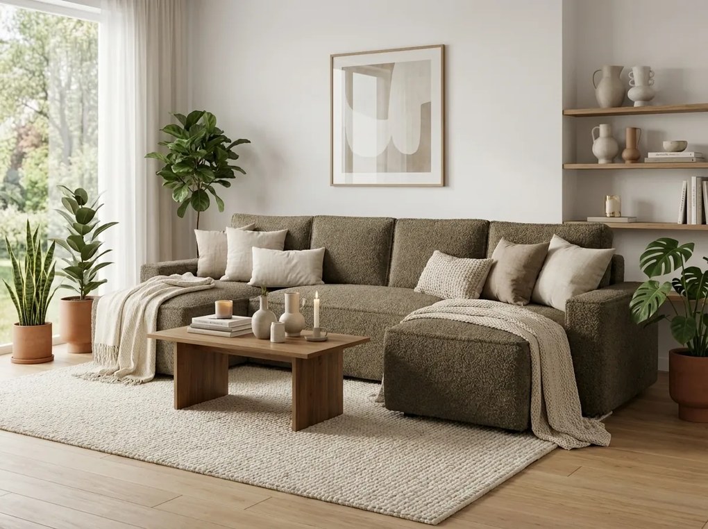 PROMOCJA Rozkładany narożnik w kształcie U SMART BOUCLE 303x143 cm, ciemny beżowy II. klasa jakości