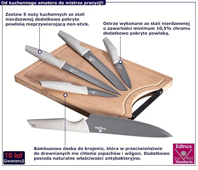 Komplet białych noży z bambusową deską do krojenia W3-M52