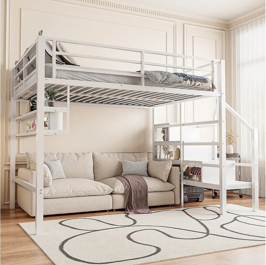 Łóżko górskie 140 x 200 cm – z półkami, otwartą przestrzenią do przechowywania – białe metalowe – bez materaca