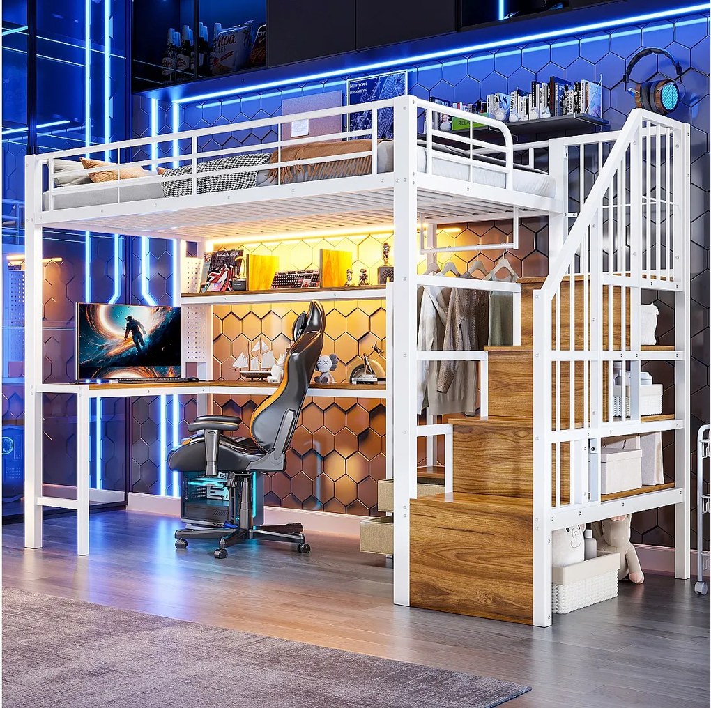 Metalowe łóżko piętrowe dla dzieci - 90 x 200 cm - z 2 szufladami + szafa + oświetlenie LED + biurko + drabinka - białe