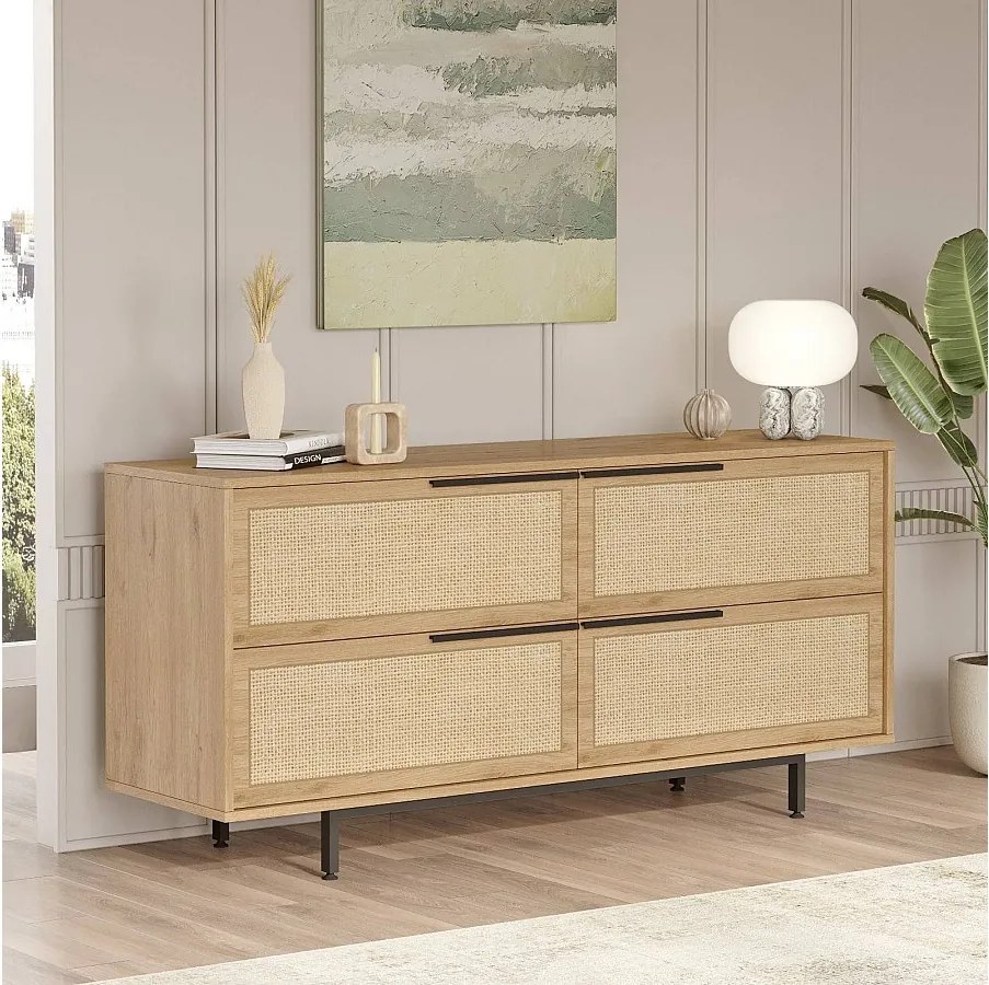 Elegancka komoda, wykończenie w kolorze orzecha i dębu, 160 x 74,3 x 44,5 cm | Powłoka melaminowa 100%, nogi metalowe, powłoka UV | Idealna do nowocze