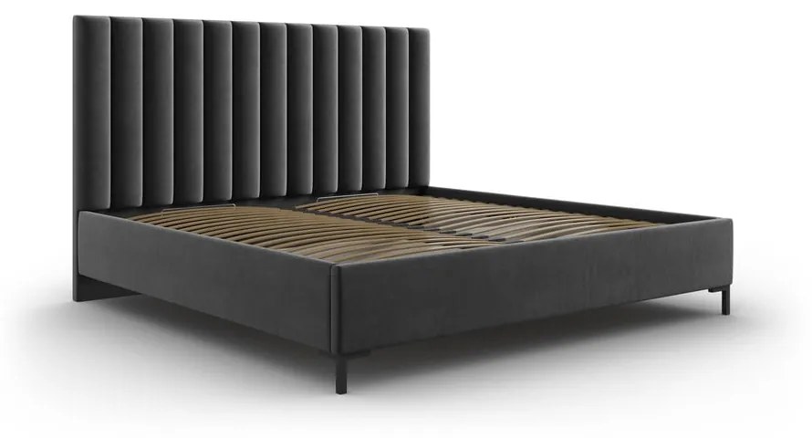 Ciemnoszare tapicerowane łóżko dwuosobowe ze schowkiem i stelażem 140x200 cm Casey – Mazzini Beds