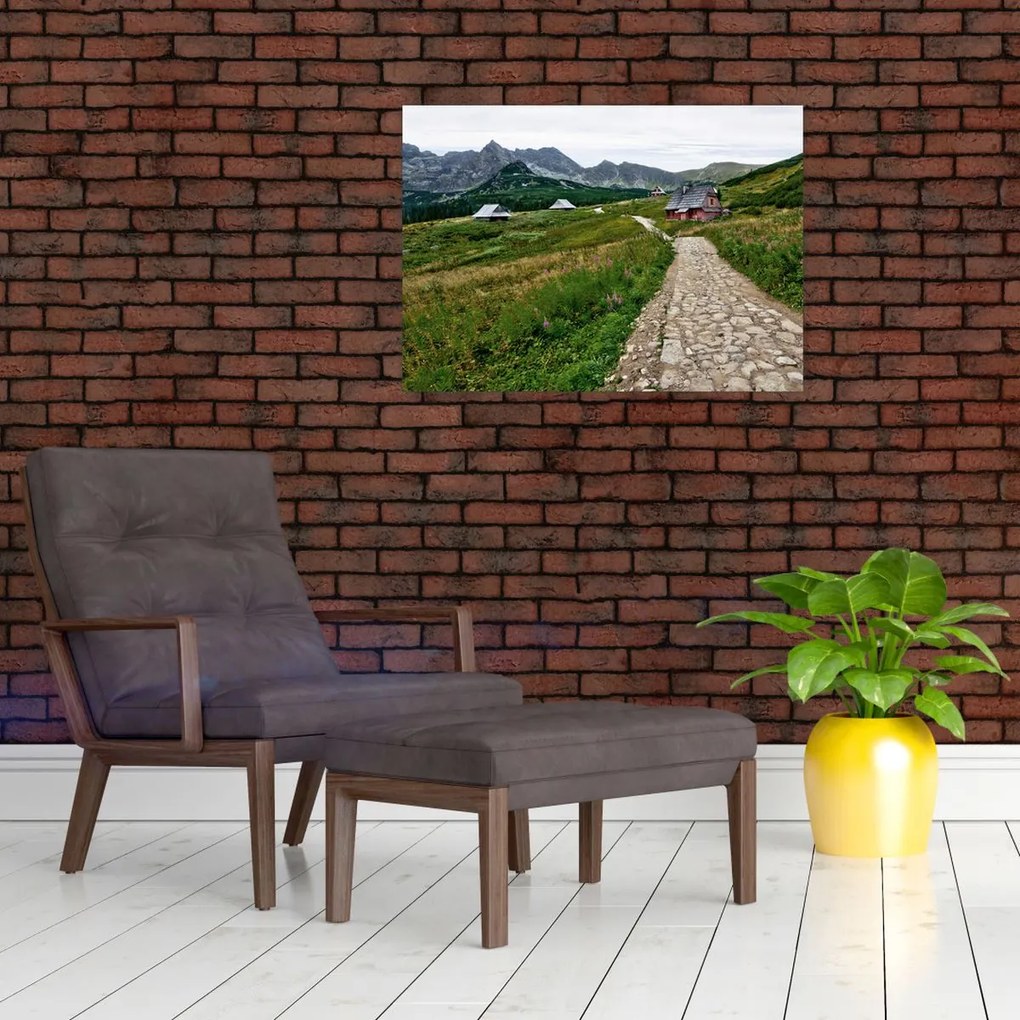 Obraz - Krajobraz górski z domami (70x50 cm)