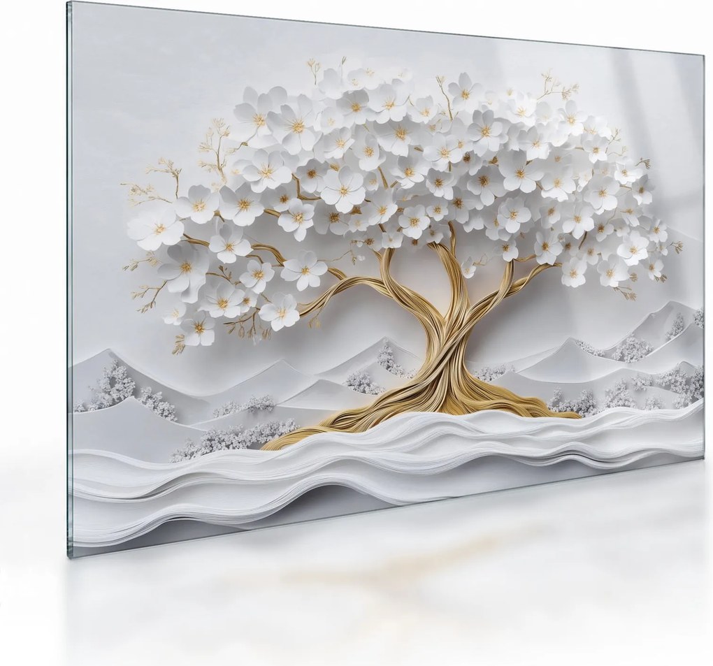 Obraz na szkle – Eleganckie drzewo życia 3D pełne kwiatów (70x50 cm)