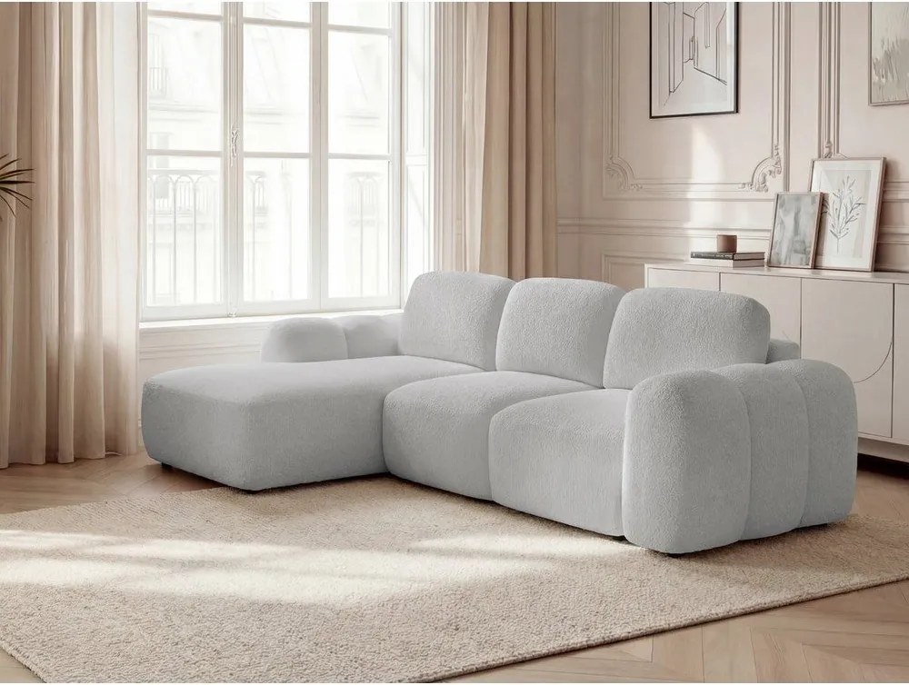 Jasnoszary rozkładany/ze schowkiem narożnik z materiału bouclé (lewostronny/z szezlongiem) Montaigne – Bobochic Paris