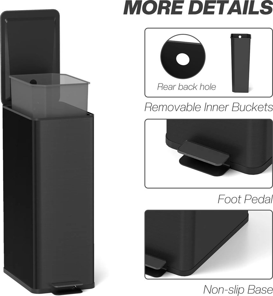 HOMCOM Kosz na Śmieci 20L, Pokrywka Soft-Close, Miejsce na Dezodorant, Odporna na Odciski Palców Stal Nierdzewna, Czarny | Aosom PL