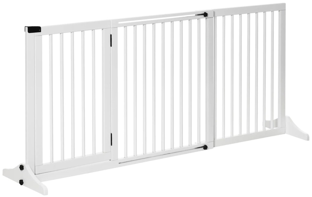 PawHut Bramka Zabezpieczająca Drewniana do Drzwi Bariera dla Psów Biała Sosnowa Konfigurowalna 113-166x36x71cm | Aosom PL