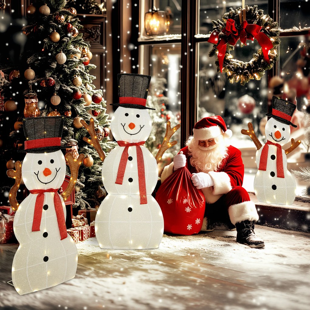Outsunny 3-częściowa świąteczna dekoracja bałwanków, oświetlenie LED, kołki gruntowe, wodoodporna, stal, poliester, biały | Aosom PL