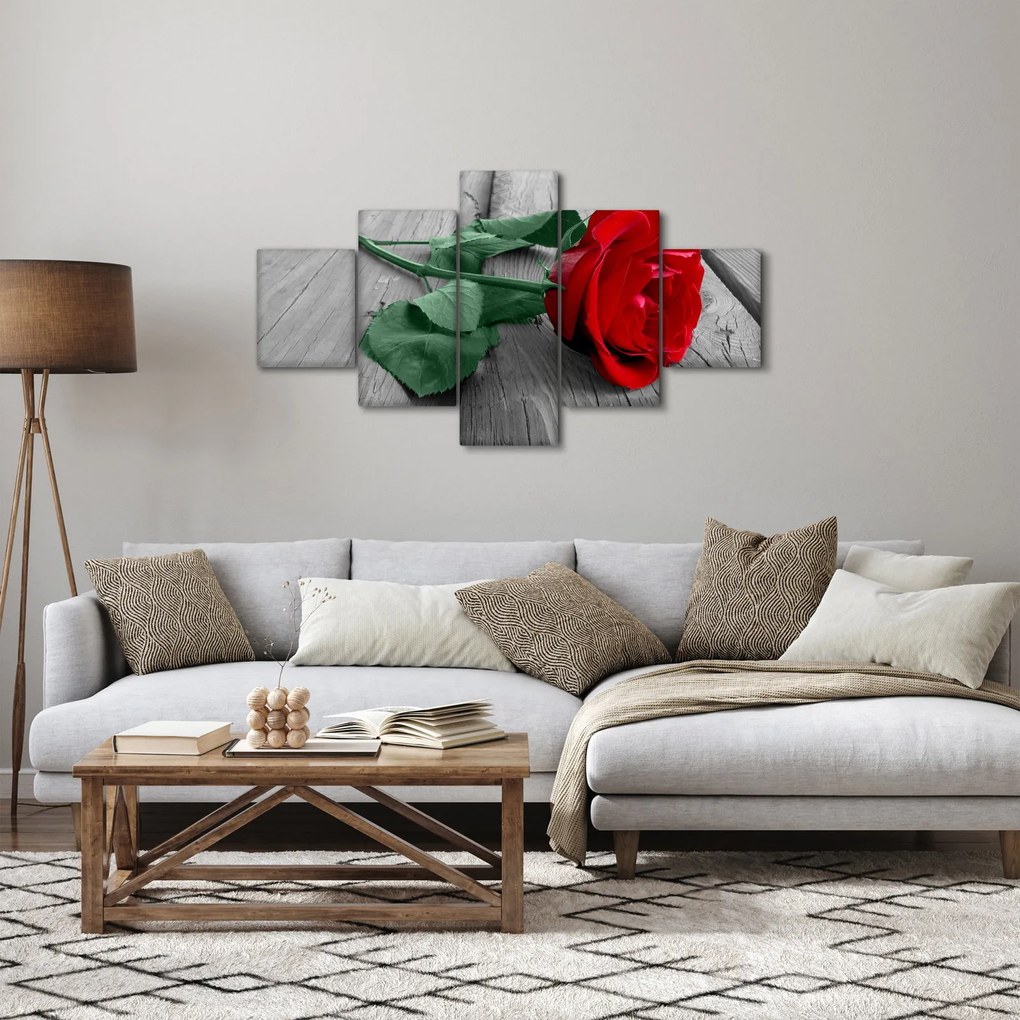 Obraz - Czerwona róża z zieloną łodygą (125x70 cm)