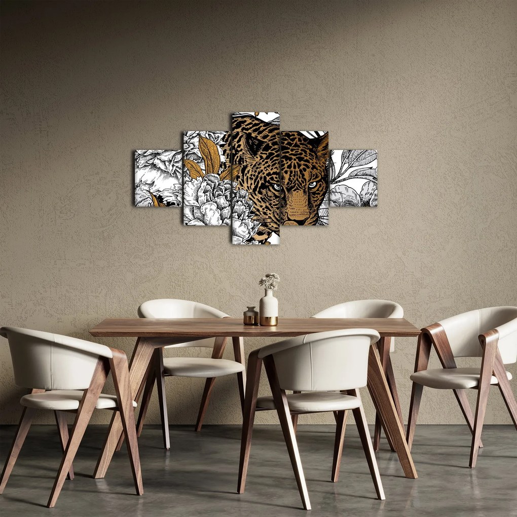 Obraz - Lampart pośród kwiatów (125x70 cm)