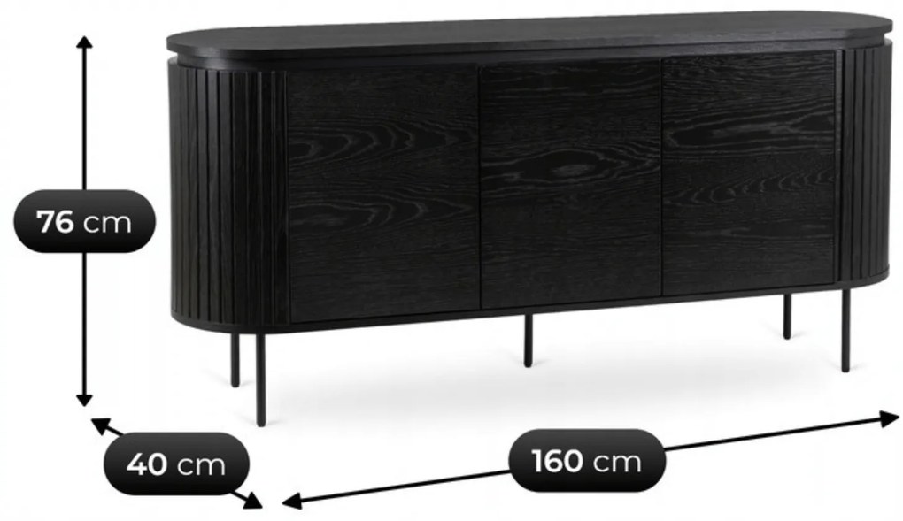 Komoda do Salonu BECK 160 cm Czarna Trzydrzwiowa Ryflowana Nowoczesna