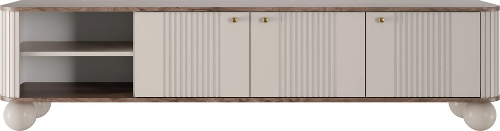 Szafka RTV Vesper 187 cm trzydrzwiowa - kaszmir / orzech / złote uchwyty / nogi kule