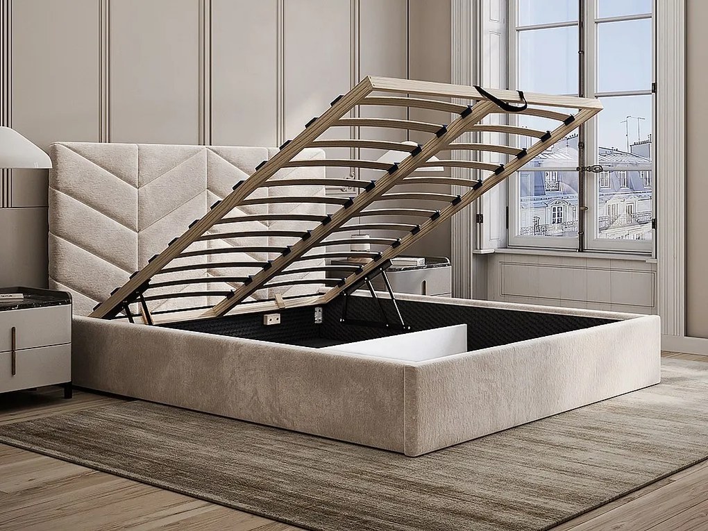 Łóżko ze skrzynią 200 x 200 cm - Tkanina teksturowana - Kremowy + Materac - JUSTANI