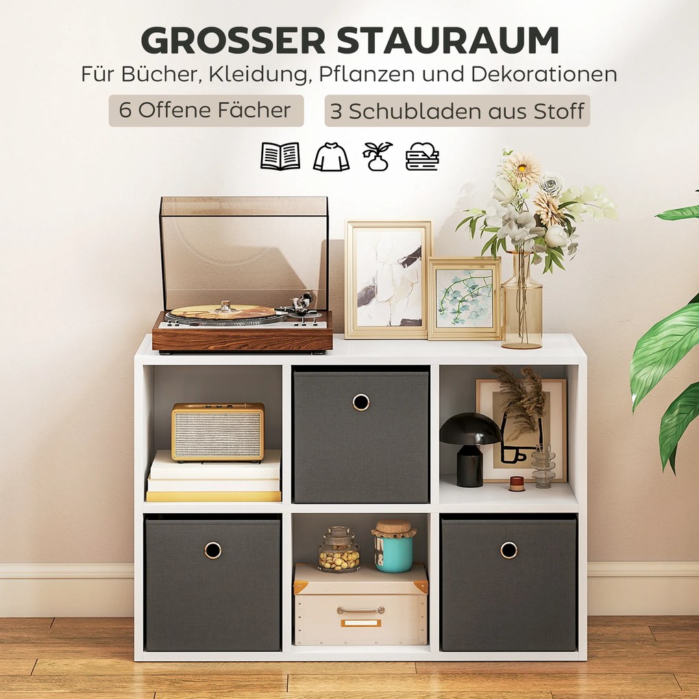 HOMCOM Regał z 6 półkami i 3 tkaninowymi szufladami, regał do przechowywania, wszechstronny, Szary