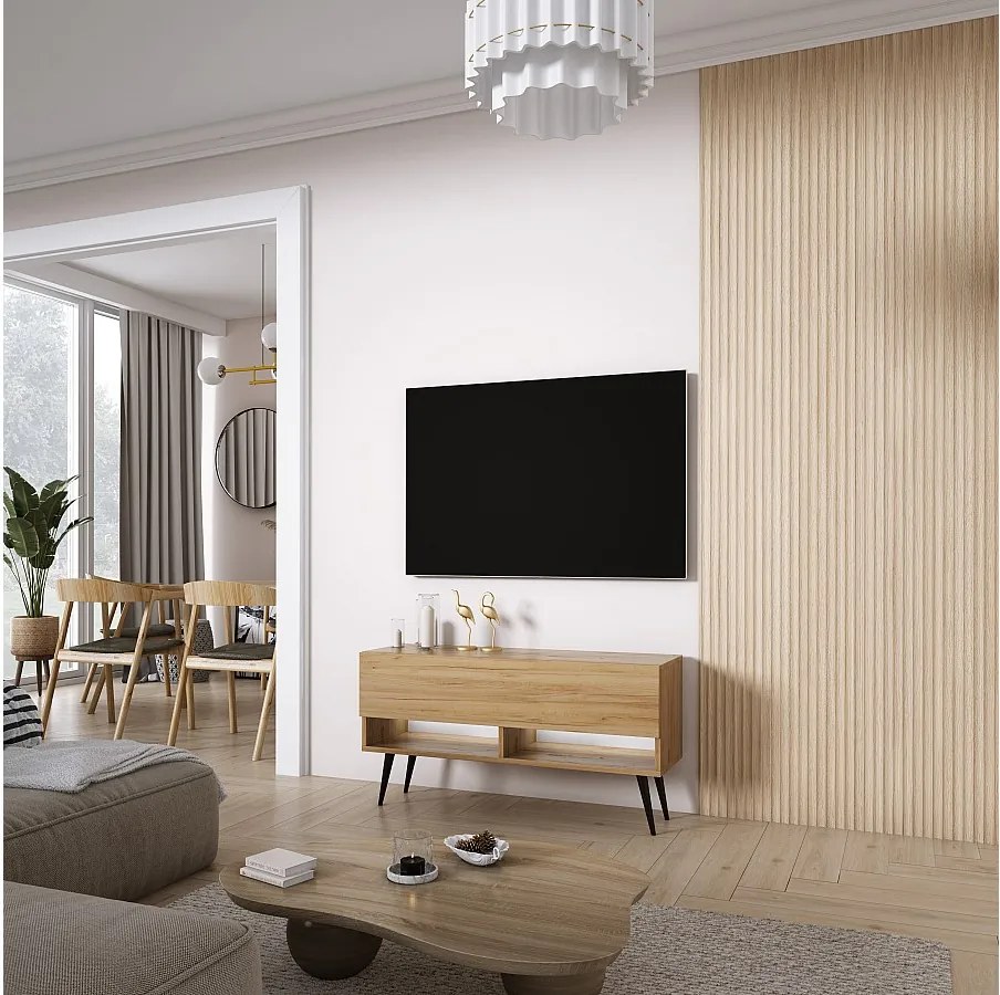 Szafka pod telewizor 100 cm Dąb Craft, nóżki pochyłe czarne, LED biały, 100 × 32 × 52 cm