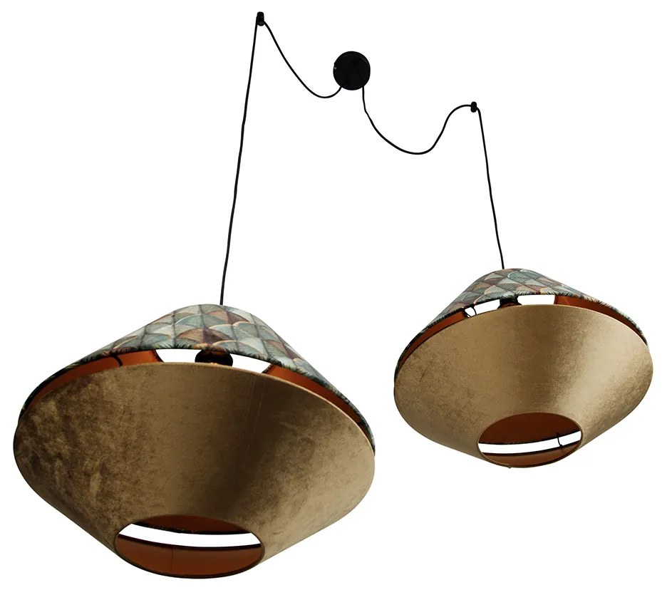 Lampa wisząca czarna z podwójnym aksamitnym abażurem z motywem liści i beżowym kolorem 2-źródła światła - Cava Luxe klasyczny/Antyczny Oswietlenie wewnetrzne