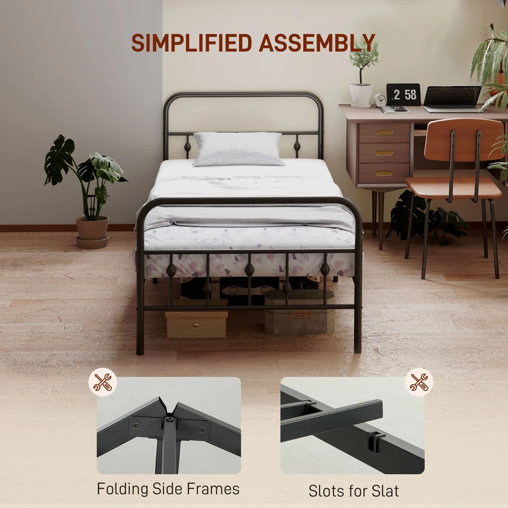 HOMCOM Metalowe Łóżko Pojedyncze - Solidna Rama z Funkcją Redukcji Hałasu. Łatwy Montaż i Dużo Miejsca pod Łóżkiem, Czarna, 206,9 x 91,8 x 82,5 cm | Aosom PL