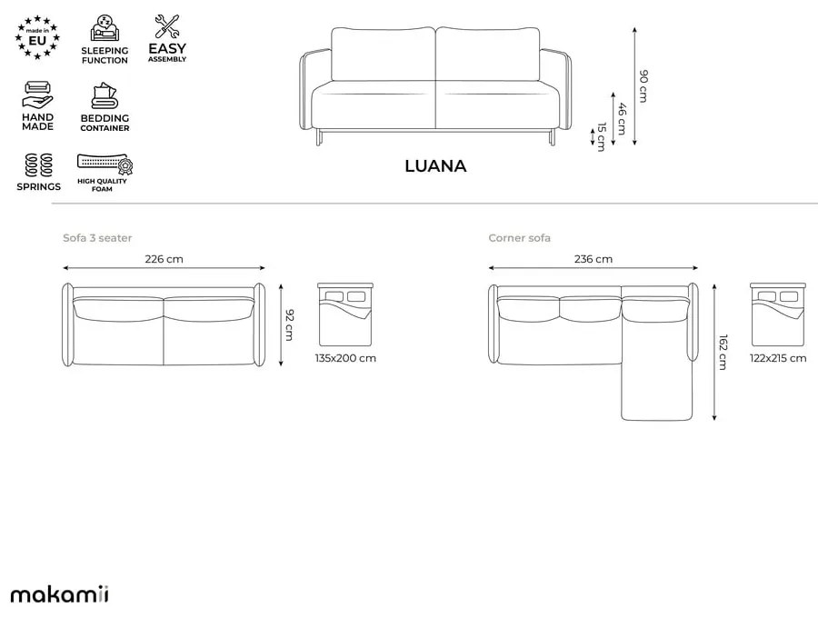 Niebieska rozkładana/ze schowkiem sofa 226 cm Luana – Makamii