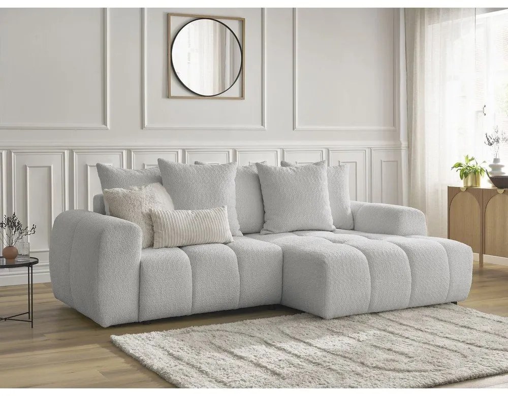 Jasnoszary rozkładany/ze schowkiem narożnik z materiału bouclé (prawostronny/z szezlongiem) Roxelane – Bobochic Paris