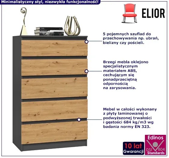 Industrialna komoda z szufladami antracyt + dąb artisan - Dalia