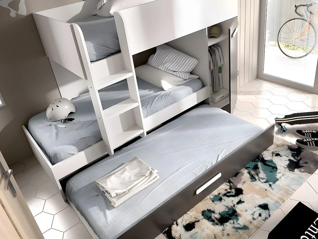 Łóżko piętrowe z ze skrzynią , 3 × 90 × 190 cm – kolor biało-antracytowy, z materacem - ANTHONY