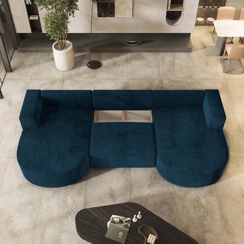 Masseno Narożnik VEZZO z funkcją spania i pojemnikiem na pościel Narozniki U, Rozkładana sofa - Niebieski, MONOLITH 77