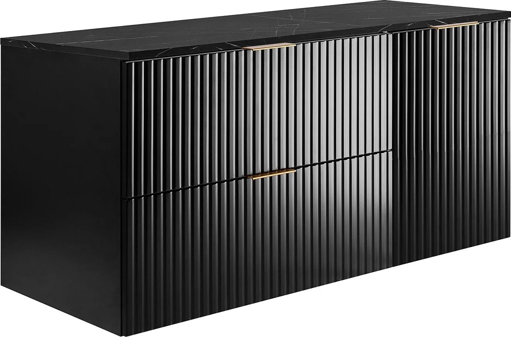 Wandhängender Badezimmerschrank, schwarz / schwarze Marmorarbeitsplatte (MDF), 120 x 57 x 46 cm