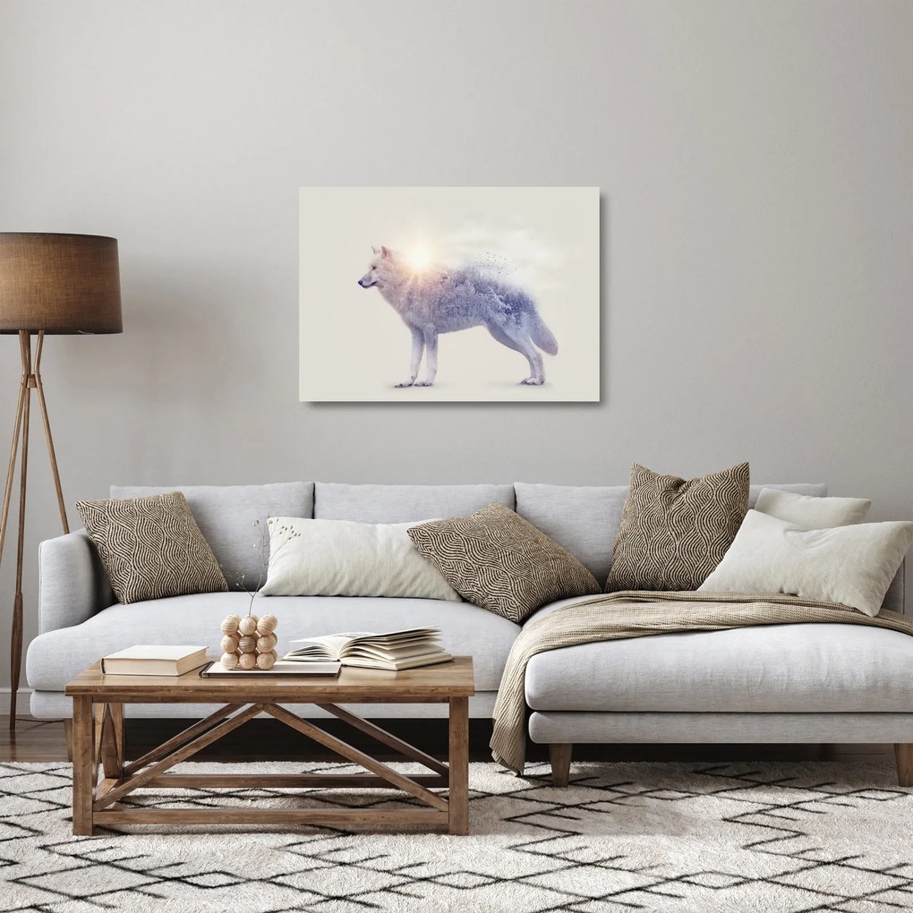 Obraz na szkle - Wilk arktyczny odzwierciedla dziki krajobraz (70x50 cm)