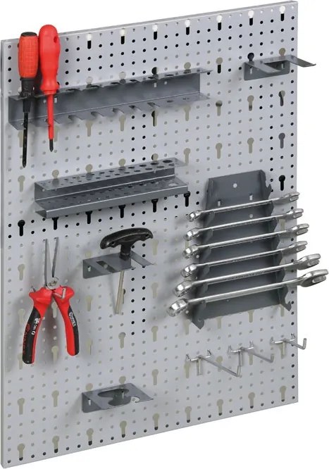 Ściana perforowana G1 z 22 haczykami i uchwytami, 595 x 395 x 25 mm