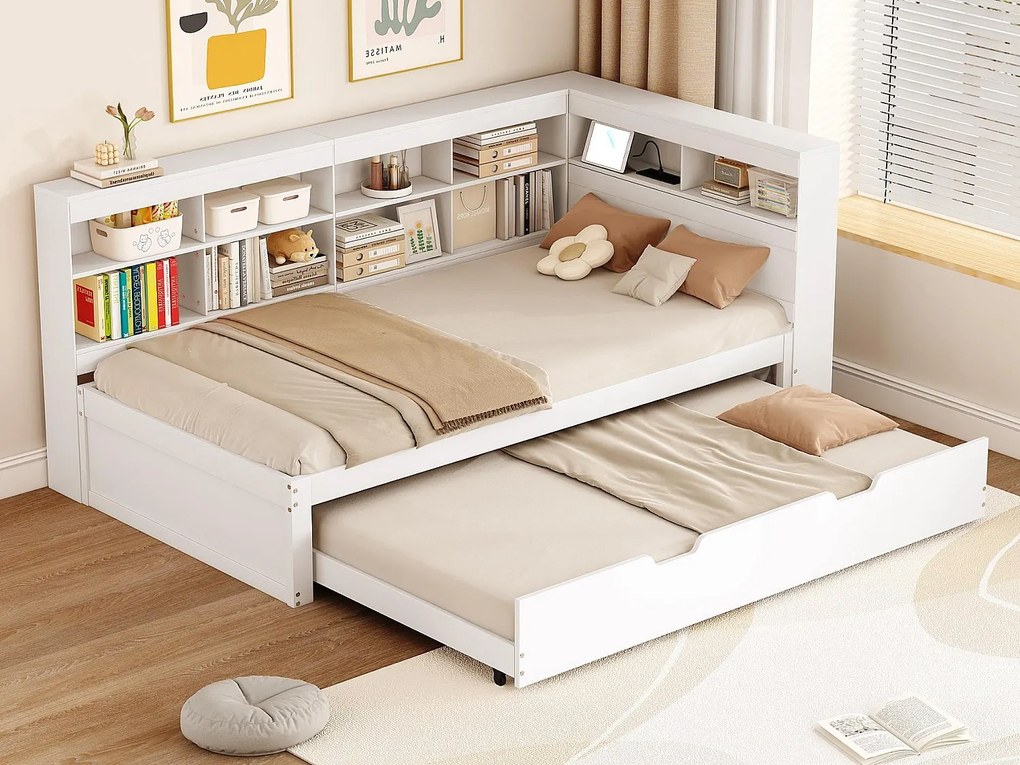 Łóżko banquette 90x200cm z drewna - z łóżkiem wysuwanym 90x190cm i gniazdem USB - 10 przegród - Białe