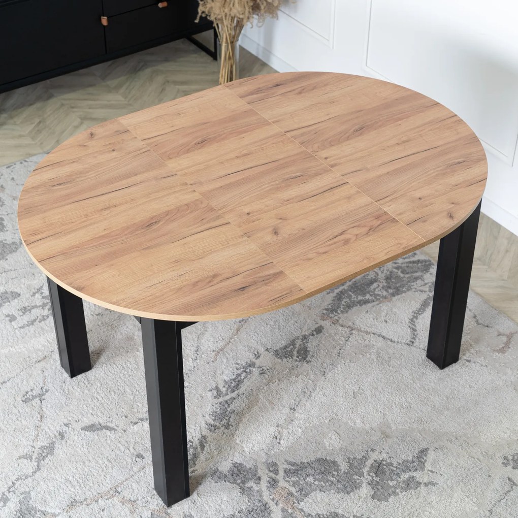 Zestaw Stół Okrągły Rozkładany HARRY 102-142 cm Dąb Craft/Czarny i 4 Krzesła Tapicerowane ROBIN 2 Czarne Nowoczesne